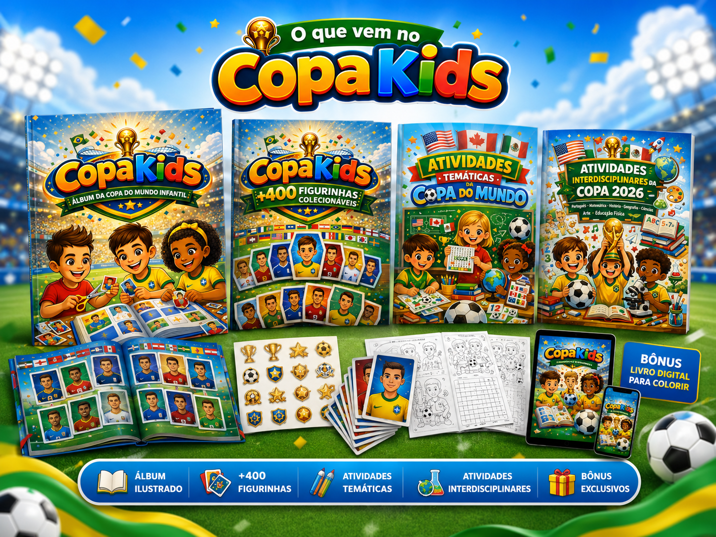 Showcase do pacote Copa Kids com álbum, figurinhas e atividades